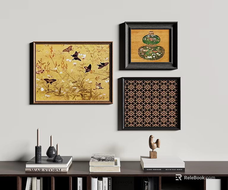 Artistic Photo Wall with Three Decorative Paintings Various Patterns and Table Decor Below 3d model