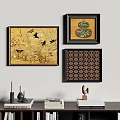 Artistic Photo Wall with Three Decorative Paintings Various Patterns and Table Decor Below 3d model