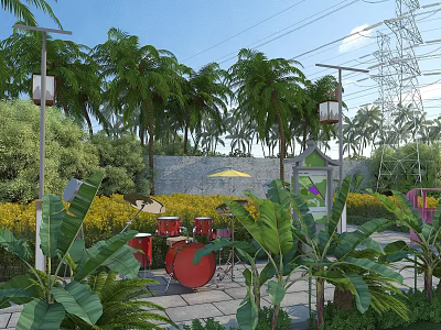 Park Landscape Featuring Palm Trees Banana Plants Red Drums Yellow Umbrella and Lamp Posts 3d model