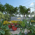 Park Landscape Featuring Palm Trees Banana Plants Red Drums Yellow Umbrella and Lamp Posts