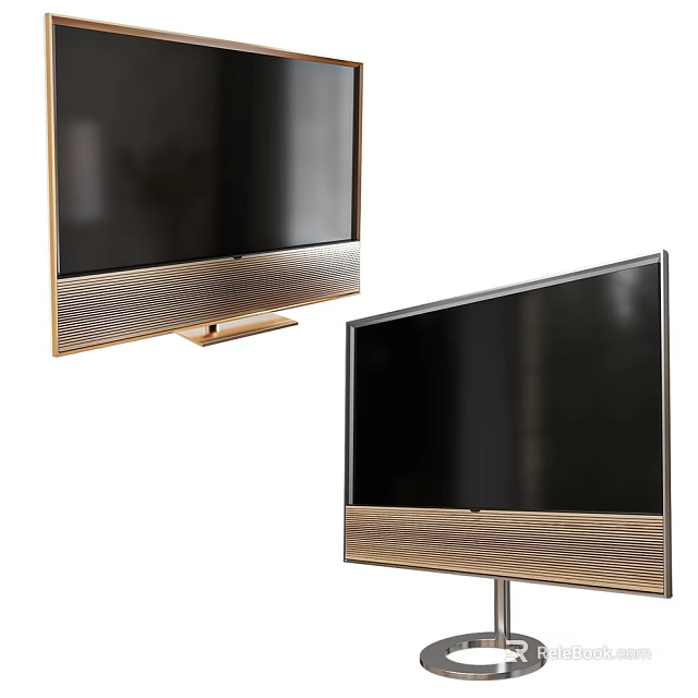 Modern Televisions With Gold Accents And Wood Grain Stand Design Features 3d model 