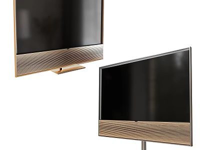 Modern Televisions With Gold Accents And Wood Grain Stand Design Features 3d model