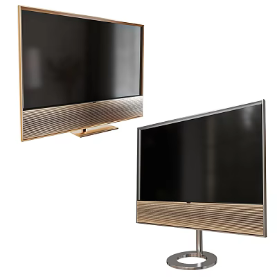 Modern Televisions With Gold Accents And Wood Grain Stand Design Features 3d model