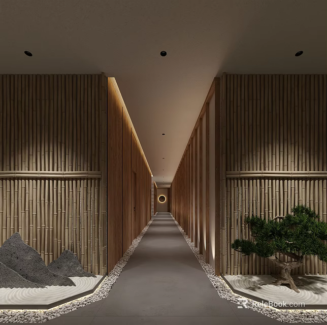 Serene Hotel Corridor With Bamboo Panel Walls Warm Lighting And Small Tree Decor 3d model