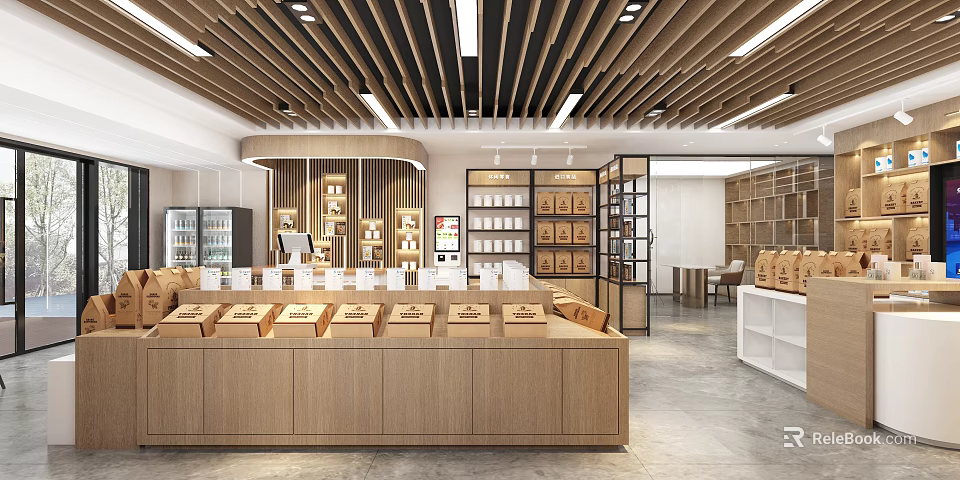 Modern Exhibition Hall With Wooden Display Cabinets Shelves Product Displays And Open Layout 3d model 