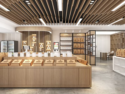 Modern Exhibition Hall With Wooden Display Cabinets Shelves Product Displays And Open Layout 3d model