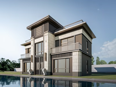 Luxury Modern Detached Villa With Large Windows Balcony Swimming Pool And Green Lawn 3d model