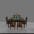 Classic Wooden Dining Table Set With Six Chairs Blue Vase Yellow Flowers And Green Plates