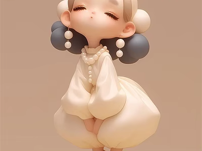 Cute Chibi Game Movie Character with Double Bun Hairstyle Pearl Necklace and Cream-colored Outfit 3d model