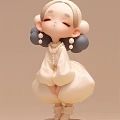 Cute Chibi Game Movie Character with Double Bun Hairstyle Pearl Necklace and Cream-colored Outfit