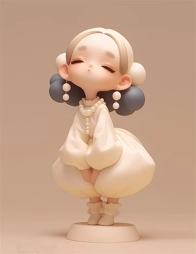 Cute Chibi Game Movie Character with Double Bun Hairstyle Pearl Necklace and Cream-colored Outfit 3d model