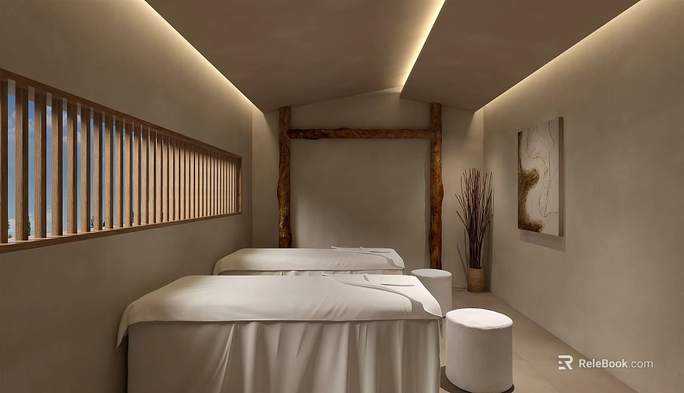 Relaxing Spa Sauna Wellness Interior With Massage Beds Soft Lighting And Wooden Accents 3d model 