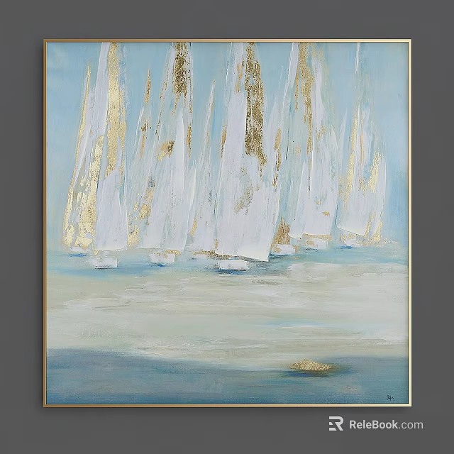 Abstract Blue Ocean Painting With White Sailboats And Gold Accents 3d model 