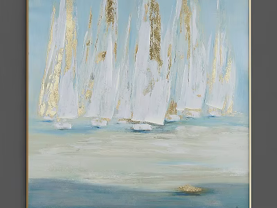Abstract Blue Ocean Painting With White Sailboats And Gold Accents 3d model