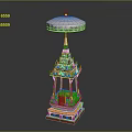 Traditional Golden Architectural Structure With White Umbrella Top Red Base And Intricate Decorative Details