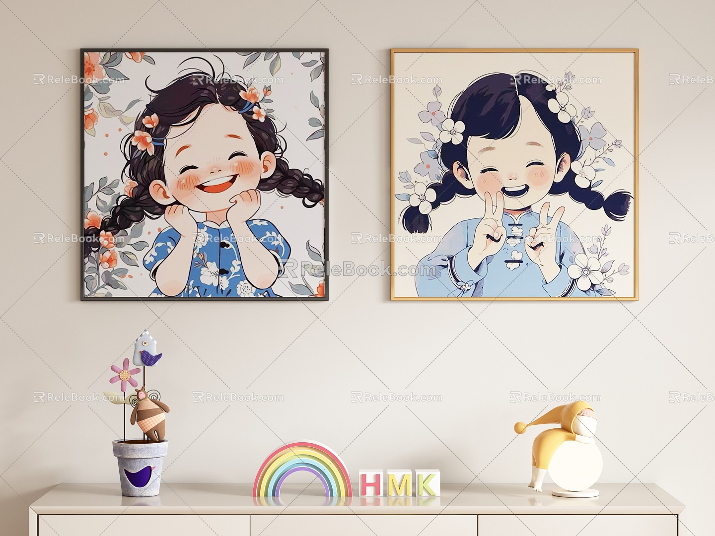 Children's Cartoon Girl Decorative Painting Hanging Painting 3d model