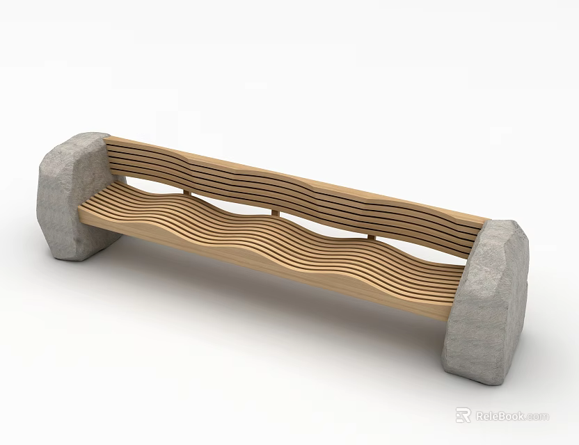 Outdoor Bench With Wooden Wavy Seat And Stone Armrests For Garden Use 3d model 