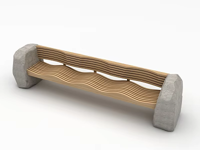 Outdoor Bench With Wooden Wavy Seat And Stone Armrests For Garden Use 3d model