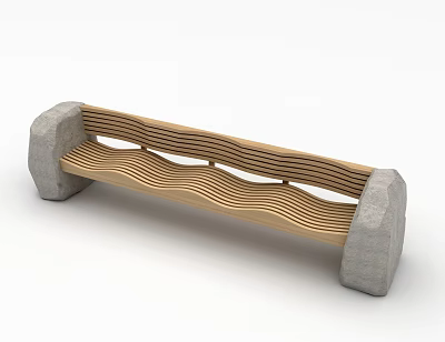 Outdoor Bench With Wooden Wavy Seat And Stone Armrests For Garden Use 3d model