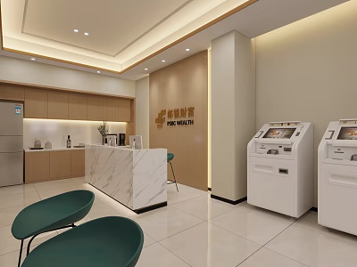 Modern Front Desk Reception Area With White Marble Countertop Wooden Cabinets And Self Service Kiosks 3d model