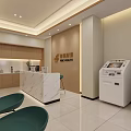 Modern Front Desk Reception Area With White Marble Countertop Wooden Cabinets And Self Service Kiosks