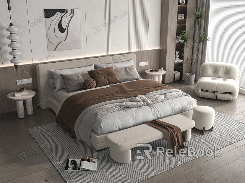 Minotti double bed bedroom bedside background wall bedside table leisure chair model