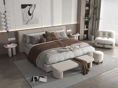 Modern Minimalist Bedroom Interior With Double Bed Pillows Brown Blanket Bench And Rug 3d model