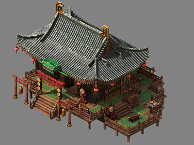 Cartoon Scenic Chinese Traditional Wooden Pagoda with Curved Tile Roof Red Lanterns and Decorative Pillars 3d model
