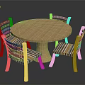Round Wooden Dining Table Set With Four Striped Chairs And White Legs