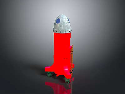 Colorful Red Rocket Model With Silver Top Green Wheels And Stand On Dark Surface 3d model