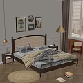 Cozy Double Bed with Upholstered Headboard Wooden Frame Decorative Paintings Floor Lamp Nightstand and Venetian Blinds