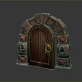Medieval Style Arched Stone Gate With Wooden Door And Golden Knocker