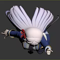 Anime Style Game Character With White Long Hair Red Accessory Blue Uniform And Waving Hand