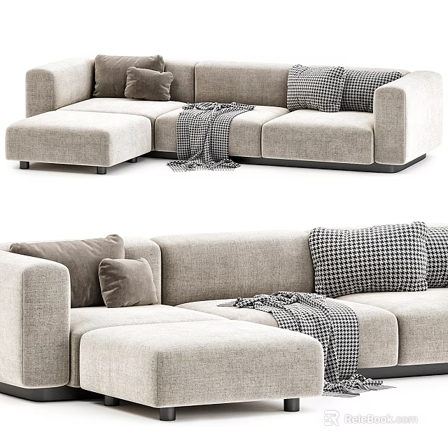 Modern Beige Sectional Sofa With Checkered Pillows And Soft Throw Blanket 3d model 