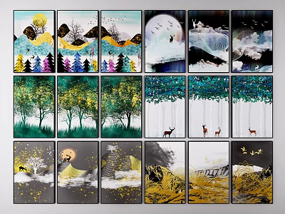 Modern Nature Themed Wall Art With Moon Trees Deer And Golden Elements 3d model