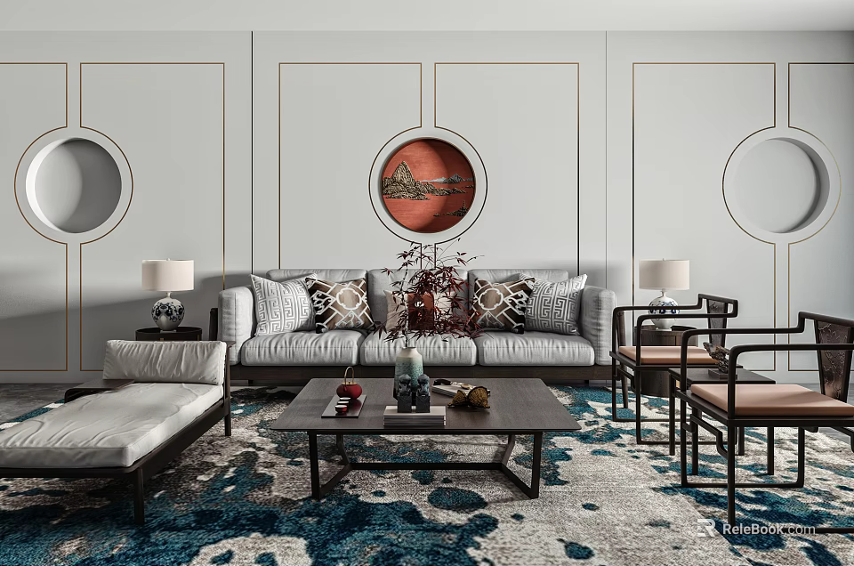 Contemporary Sofa Coffee Table Set With Decorative Pillows Circular Wall Art And Patterned Rug 3d model