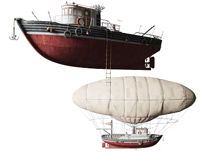 Vintage Red Hull Boat And White Airship With Gondola Ladder And Classic Design Details 3d model