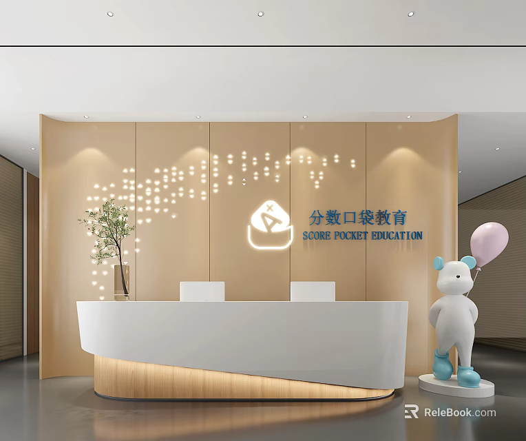 Score Pocket Education Front Desk with Wooden Backdrop White Counter Green Plant and Teddy Bear 3d model 