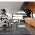 Modern Sales Office Interior Design With Reception Desk Green Plants And Pendant Lights