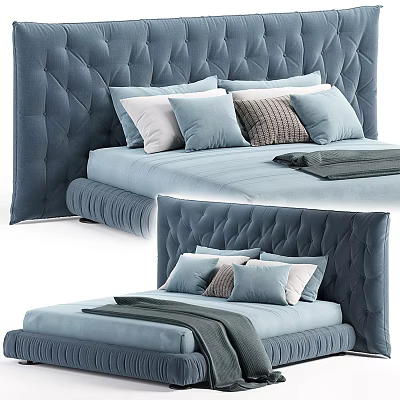 Blue Velvet Double Bed Featuring Tufted Headboard Decorative Pillows And Soft Blanket 3d model