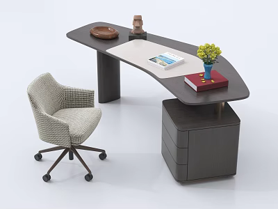 Modern Desk and Chair Set with Curved Two Tone Tabletop Wheeled Chair and Decorative Items 3d model