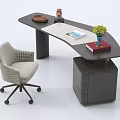 Modern Desk and Chair Set with Curved Two Tone Tabletop Wheeled Chair and Decorative Items