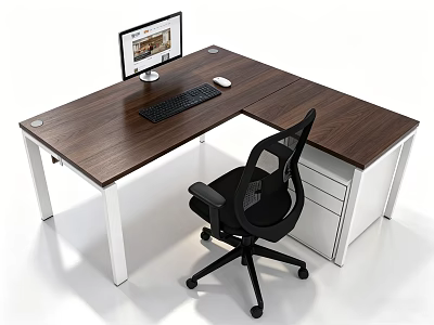 L Shaped Office Desk With Wooden Top Monitor Keyboard Mouse Black Chair And White Drawer 3d model