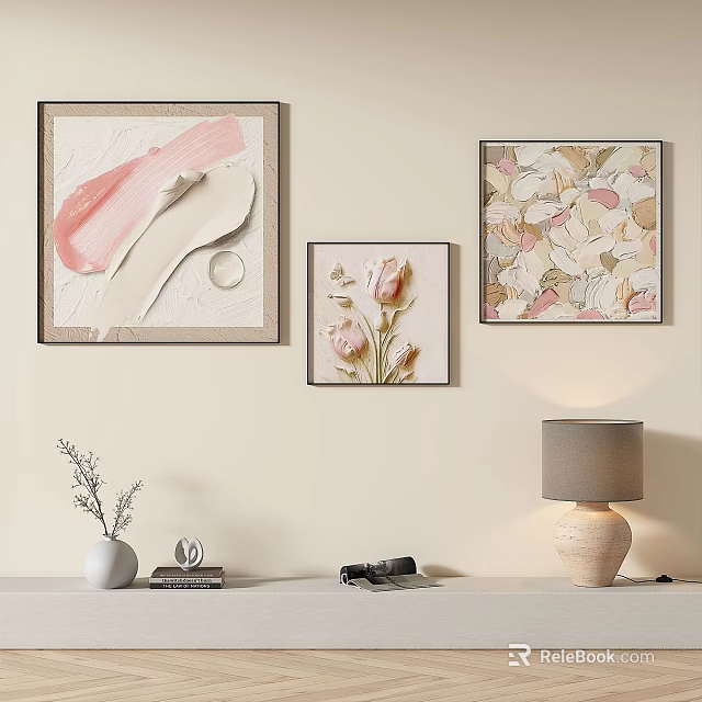 Home Interior Decor With Three Framed Artworks Abstract Floral Designs And Shelf Vase Books Lamp 3d model 