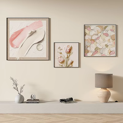 Home Interior Decor With Three Framed Artworks Abstract Floral Designs And Shelf Vase Books Lamp 3d model