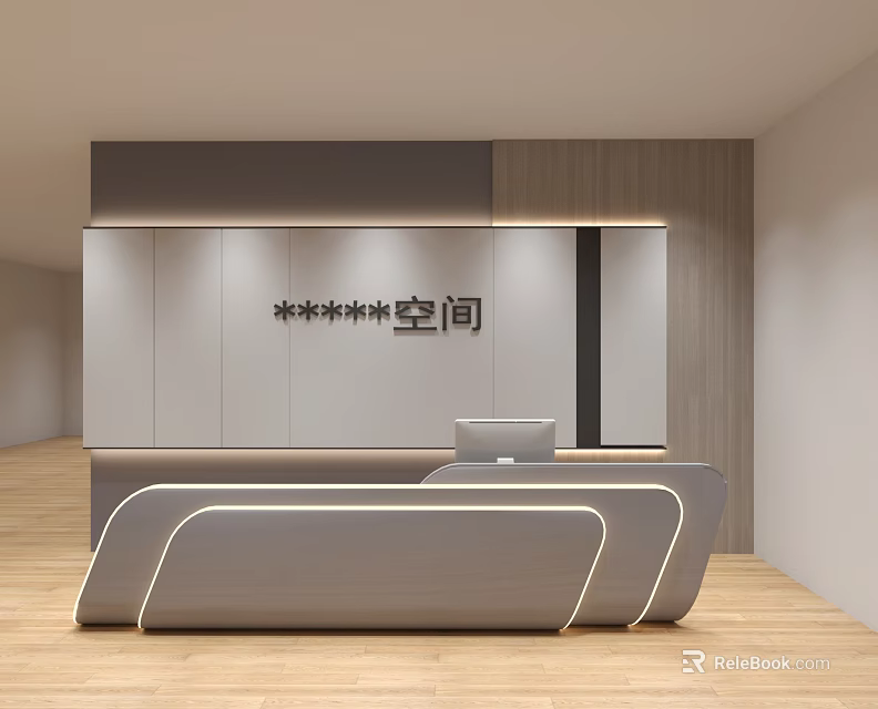 Modern Reception Desk Interior Design With Wooden Background And Lighting Details 3d model 