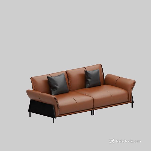 Modern Brown Leather Sofa With Black Cushions And Black Legs 3d model
