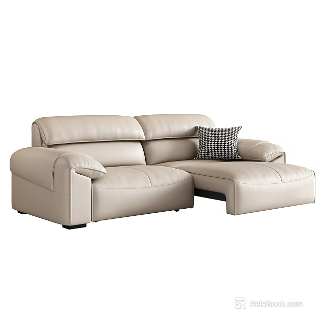 Beige Leather Two Seater Sofa With Chaise Lounge And Checkered Decorative Pillow 3d model 