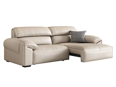 Beige Leather Two Seater Sofa With Chaise Lounge And Checkered Decorative Pillow 3d model