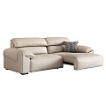 Beige Leather Two Seater Sofa With Chaise Lounge And Checkered Decorative Pillow